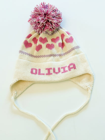 Heart Earflap Hat-natural with bright pink and lavender