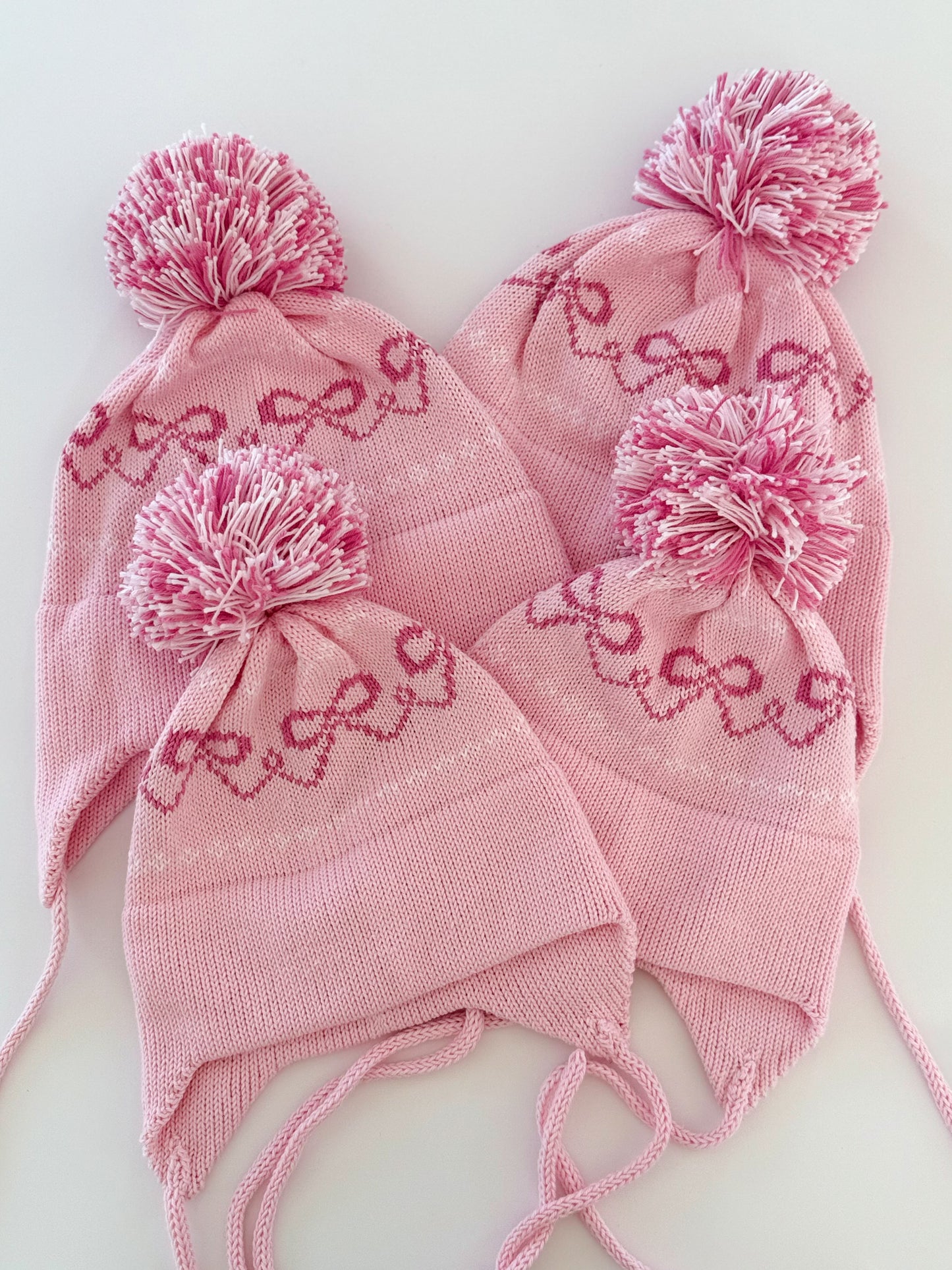 Bows Earflap Hat-light pink with bright pink and white