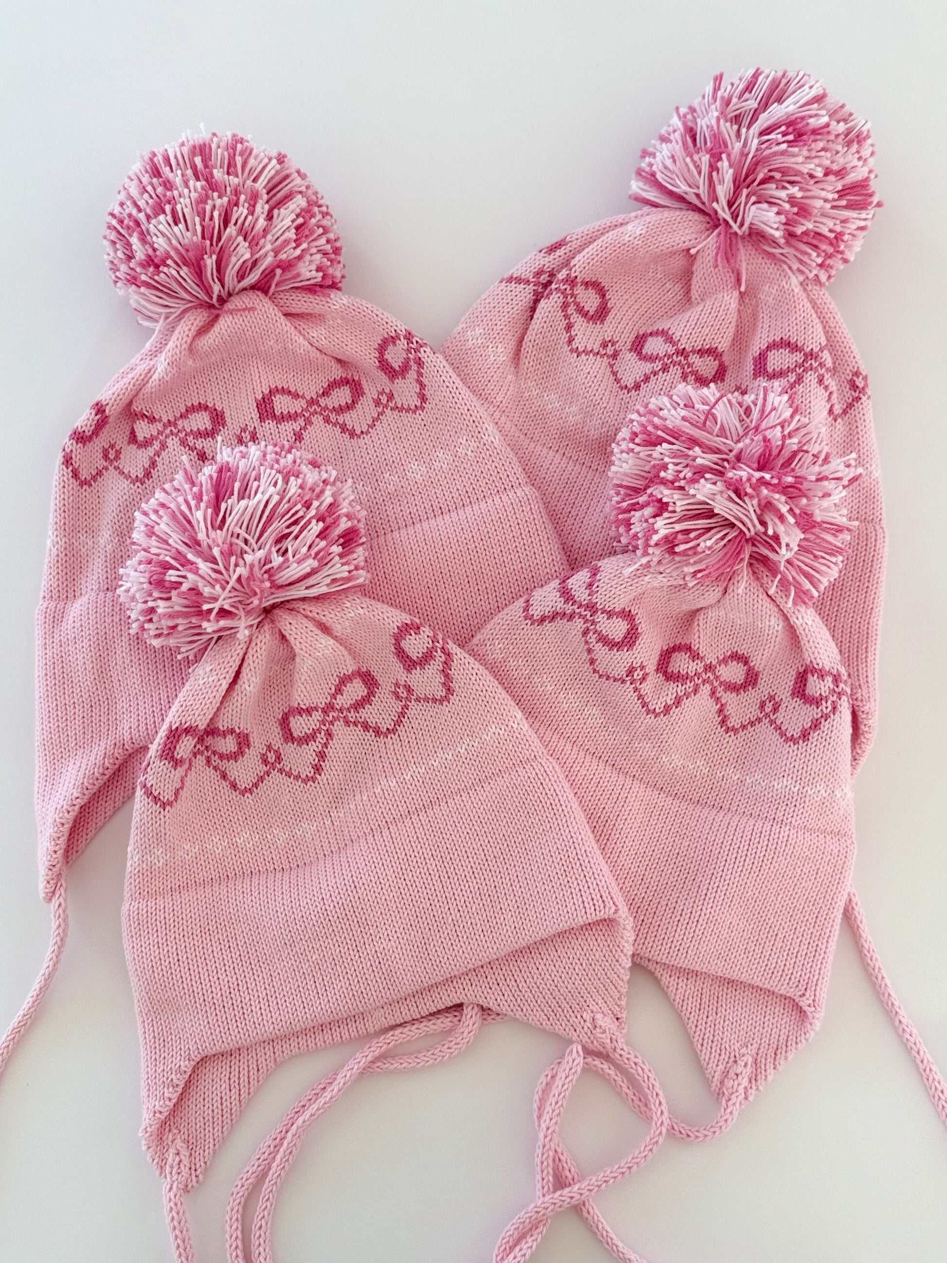 Bows Earflap Hat-light pink with bright pink and white