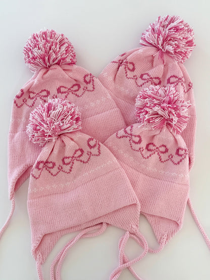 Bows Earflap Hat-light pink with bright pink and white