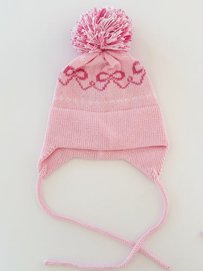 Bows Earflap Hat-light pink with bright pink and white