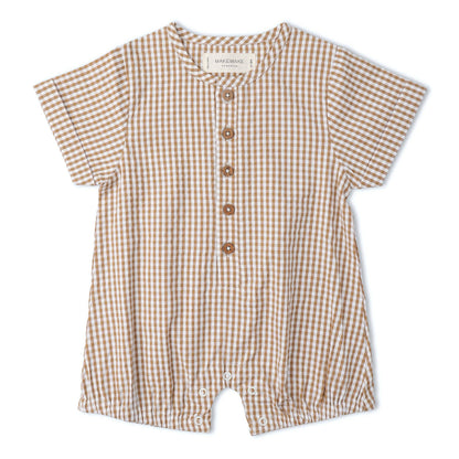 Short Bubble Romper- Caramel Check