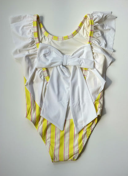 Girls Flutter Sleeve One Piece, Yellow Stripes