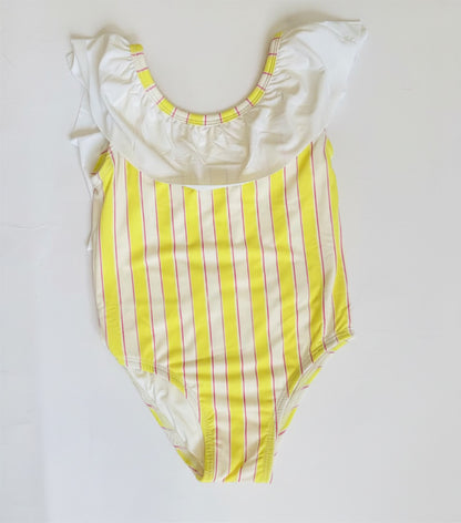 Girls Flutter Sleeve One Piece, Yellow Stripes